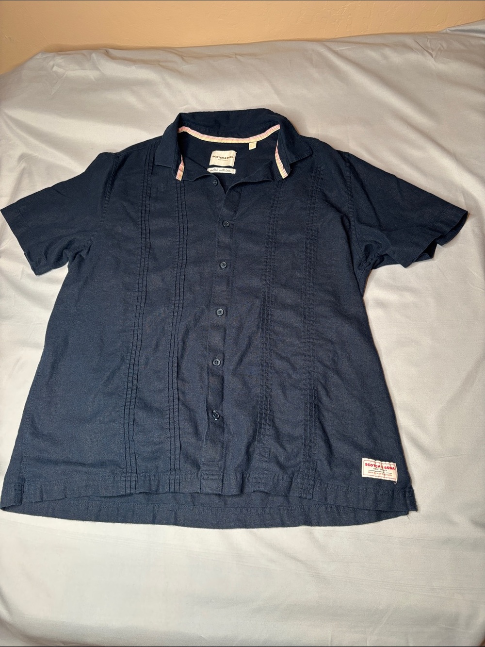 Women’s Scotch & Soda Navy Short-Sleeve Button-Down Shirt Linen Blend Size Large